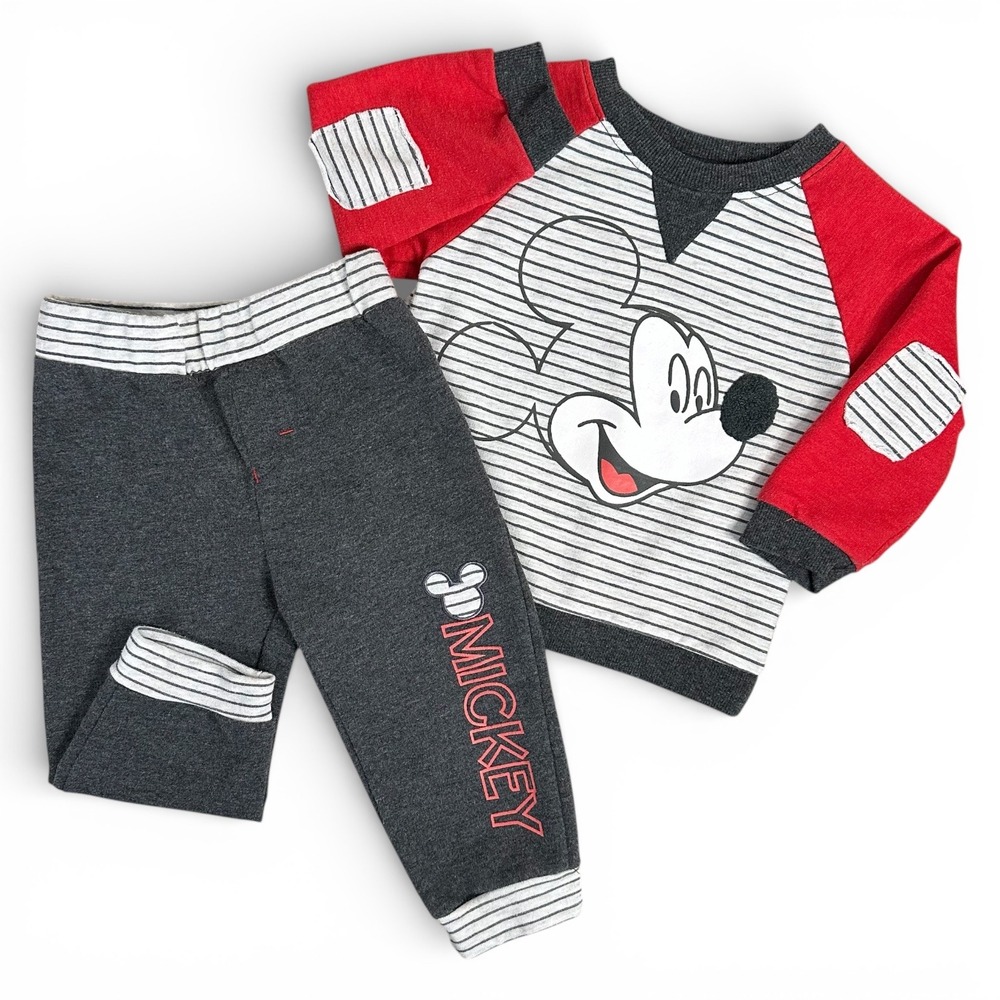 Disney Baby Mickey Mouse Outfit Set 18M Red Gray Striped Sweatshirt Joggers